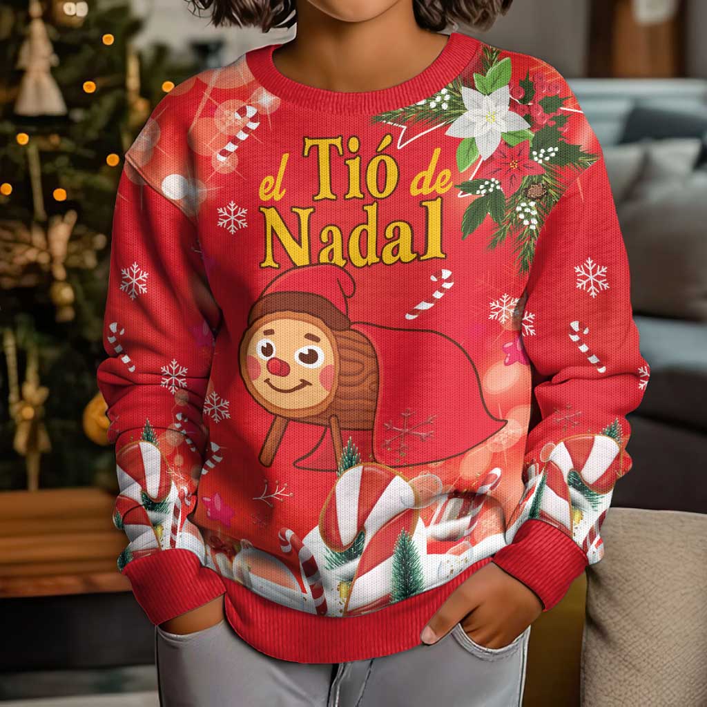 Spain Tio de Nadal Christmas Kid Ugly Christmas Sweater Traditional Christmas Log Red Version - Wonder Print Shop