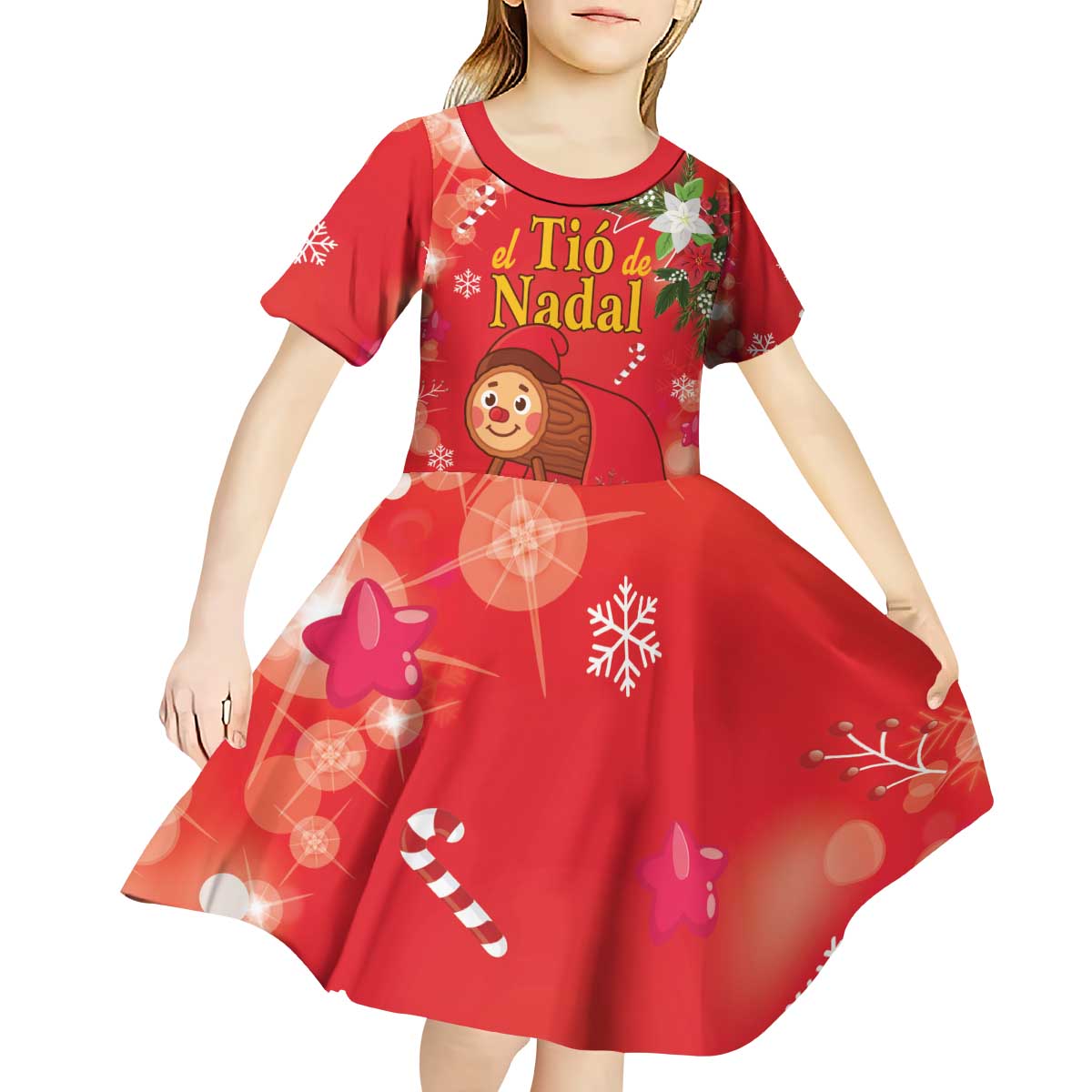 Spain Tio de Nadal Christmas Kid Short Sleeve Dress Traditional Christmas Log Red Version - Wonder Print Shop