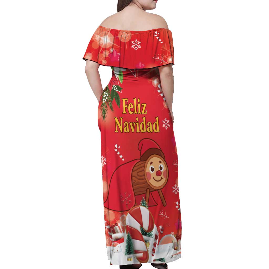 Spain Tio de Nadal Christmas Off Shoulder Maxi Dress Traditional Christmas Log Red Version - Wonder Print Shop