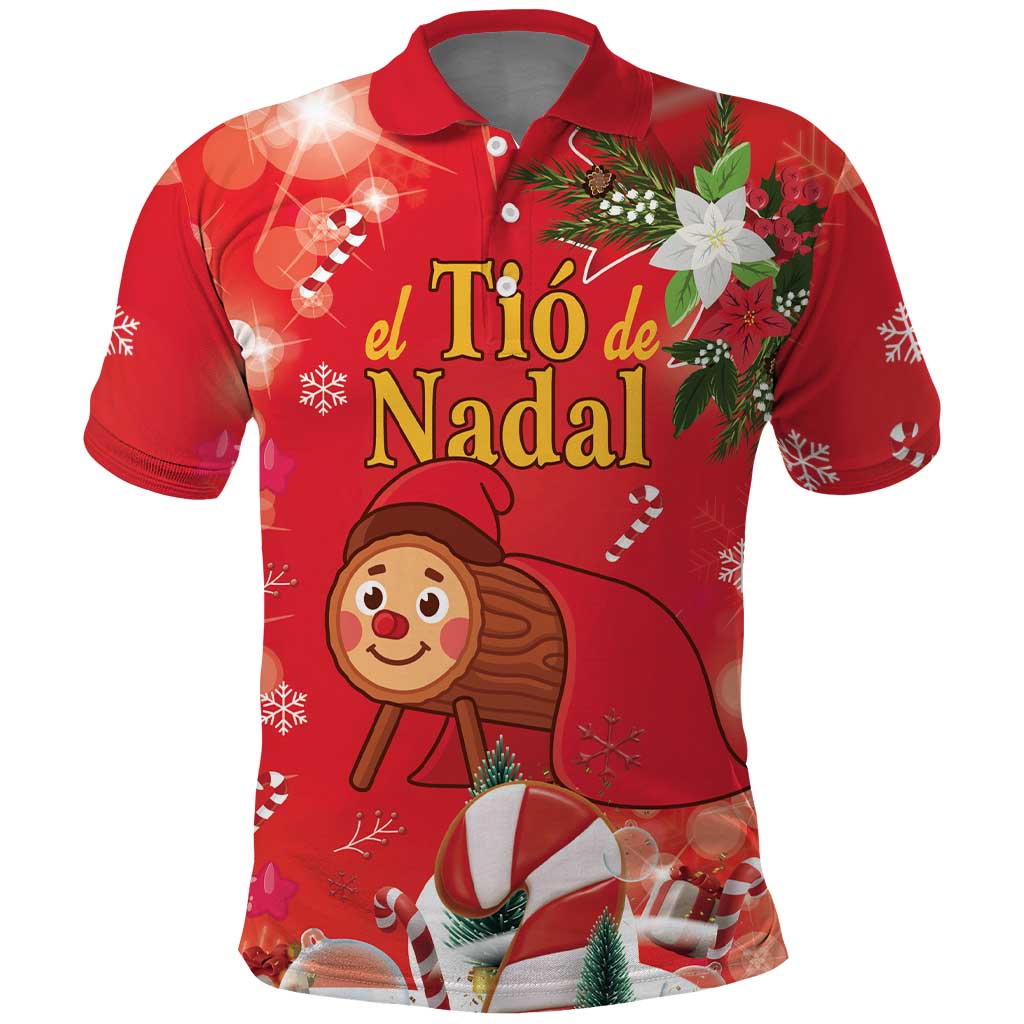 Spain Tio de Nadal Christmas Polo Shirt Traditional Christmas Log Red Version - Wonder Print Shop