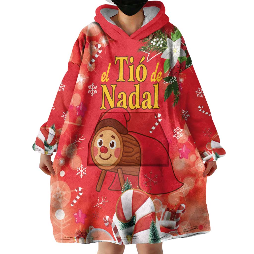 Spain Tio de Nadal Christmas Wearable Blanket Hoodie Traditional Christmas Log Red Version - Wonder Print Shop