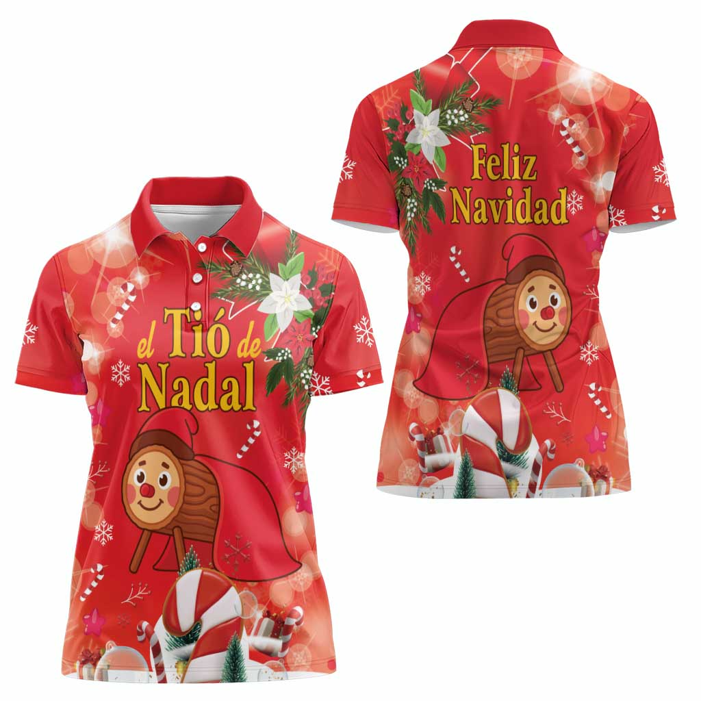 Spain Tio de Nadal Christmas Women Polo Shirt Traditional Christmas Log Red Version - Wonder Print Shop