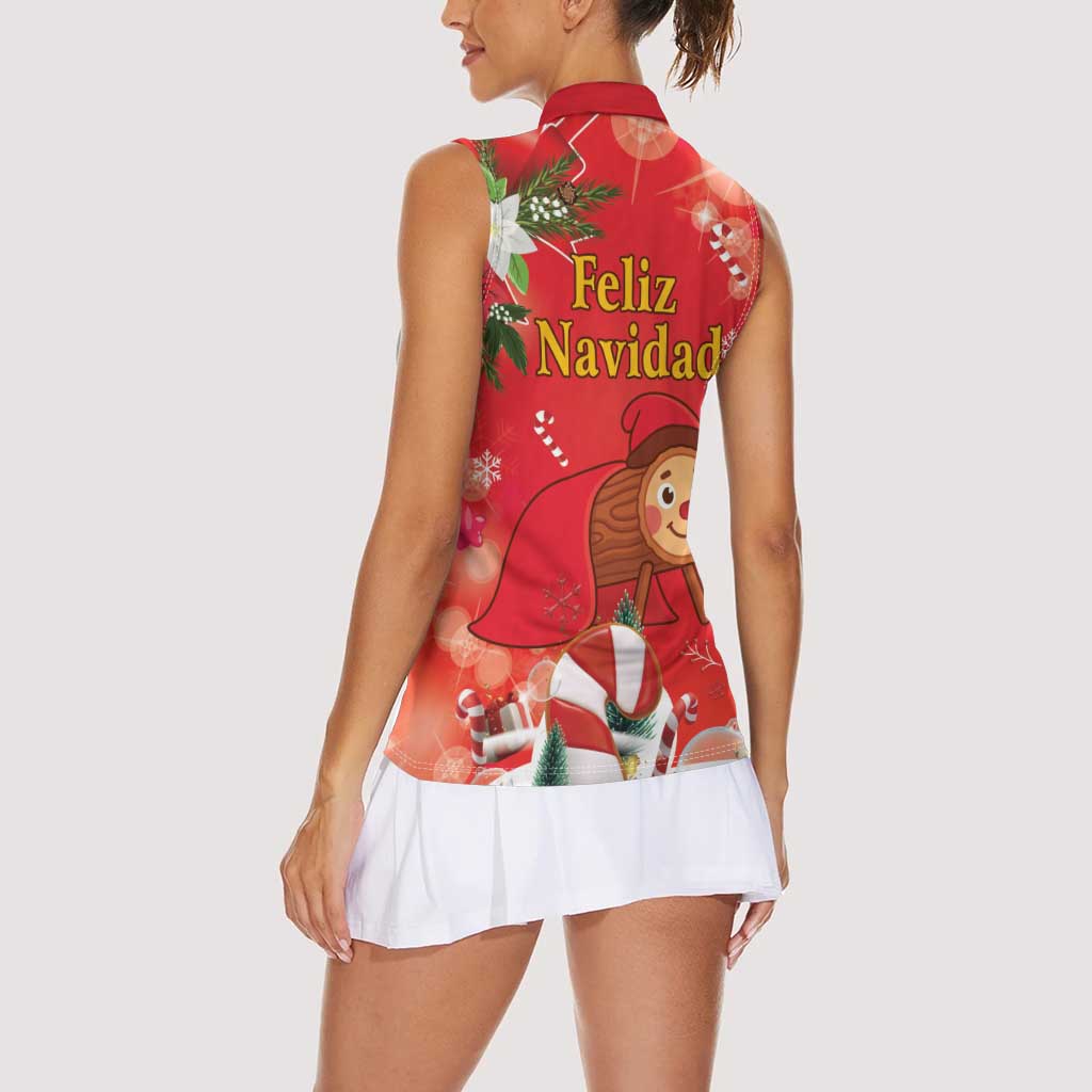 Spain Tio de Nadal Christmas Women Sleeveless Polo Shirt Traditional Christmas Log Red Version - Wonder Print Shop