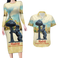 Spain El Oso y el Madrono Couples Matching Long Sleeve Bodycon Dress and Hawaiian Shirt Madrid City Watercolor - Wonder Print Shop