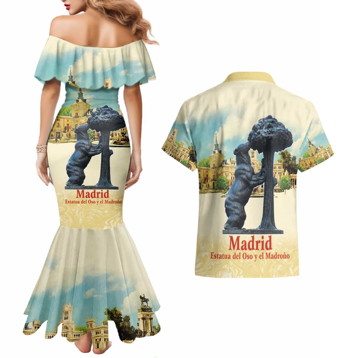 Spain El Oso y el Madrono Couples Matching Mermaid Dress and Hawaiian Shirt Madrid City Watercolor - Wonder Print Shop