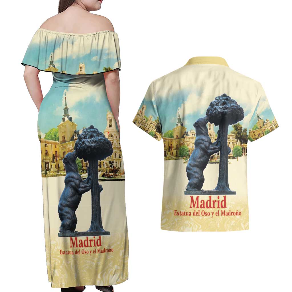 Spain El Oso y el Madrono Couples Matching Off Shoulder Maxi Dress and Hawaiian Shirt Madrid City Watercolor - Wonder Print Shop