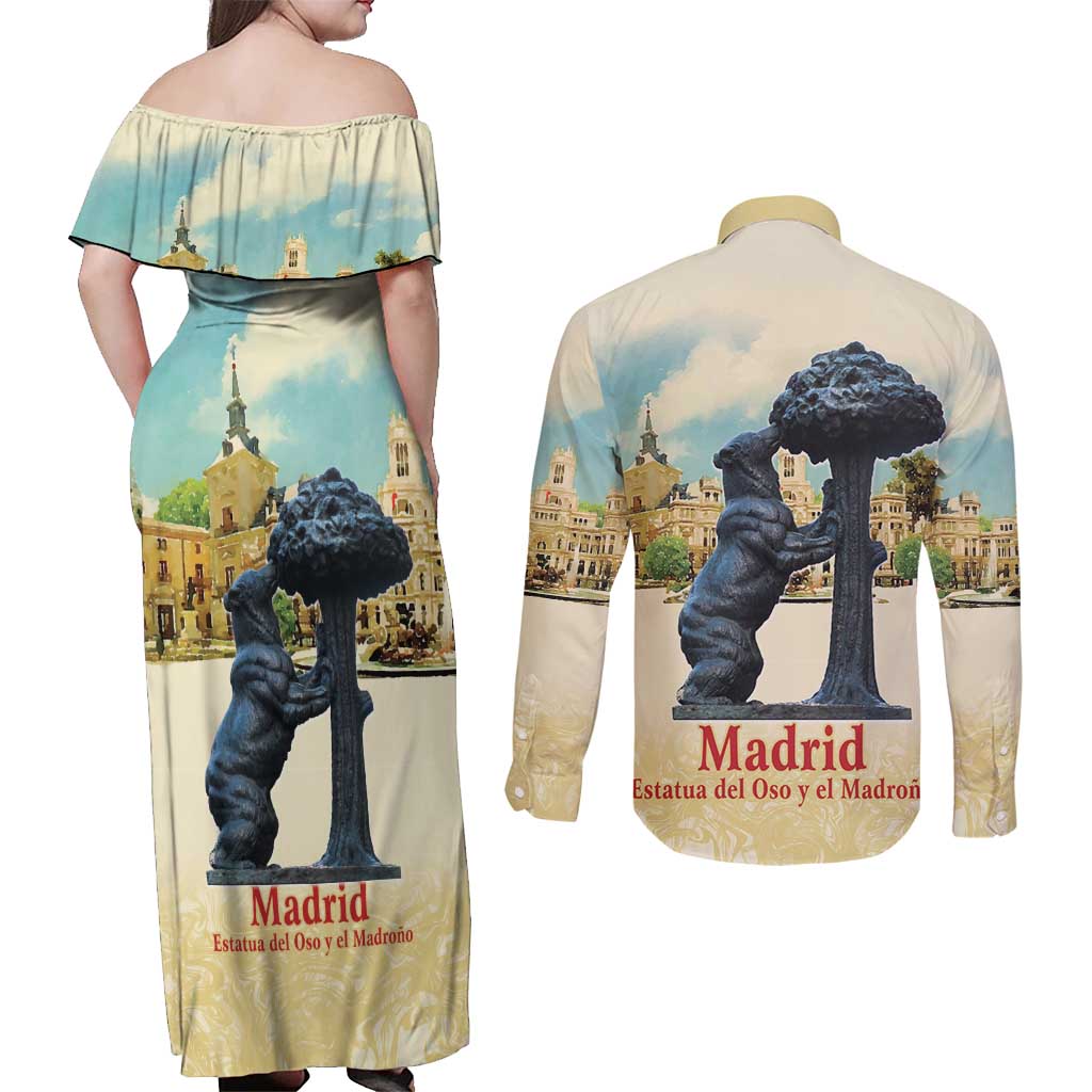 Spain El Oso y el Madrono Couples Matching Off Shoulder Maxi Dress and Long Sleeve Button Shirt Madrid City Watercolor - Wonder Print Shop