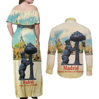 Spain El Oso y el Madrono Couples Matching Off Shoulder Maxi Dress and Long Sleeve Button Shirt Madrid City Watercolor - Wonder Print Shop