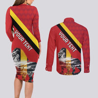 Personalized Belgium Couples Matching Long Sleeve Bodycon Dress and Long Sleeve Button Shirt Lion Rampant With Belgium Flag Colors - Wonder Print Shop