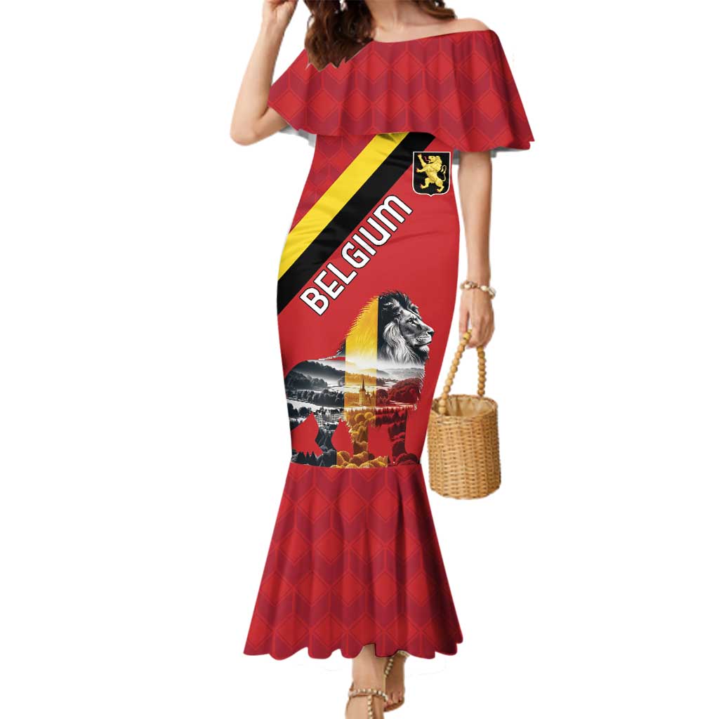 Personalized Belgium Family Matching Mermaid Dress and Hawaiian Shirt Lion Rampant With Belgium Flag Colors - Wonder Print Shop