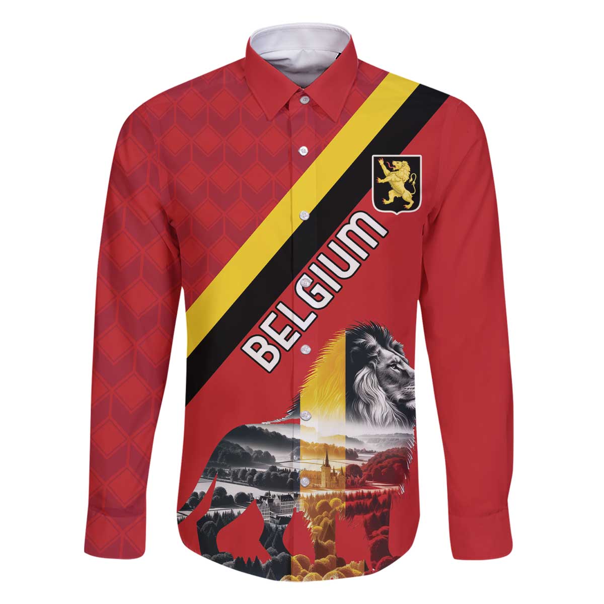 Personalized Belgium Family Matching Off The Shoulder Long Sleeve Dress and Hawaiian Shirt Lion Rampant With Belgium Flag Colors - Wonder Print Shop