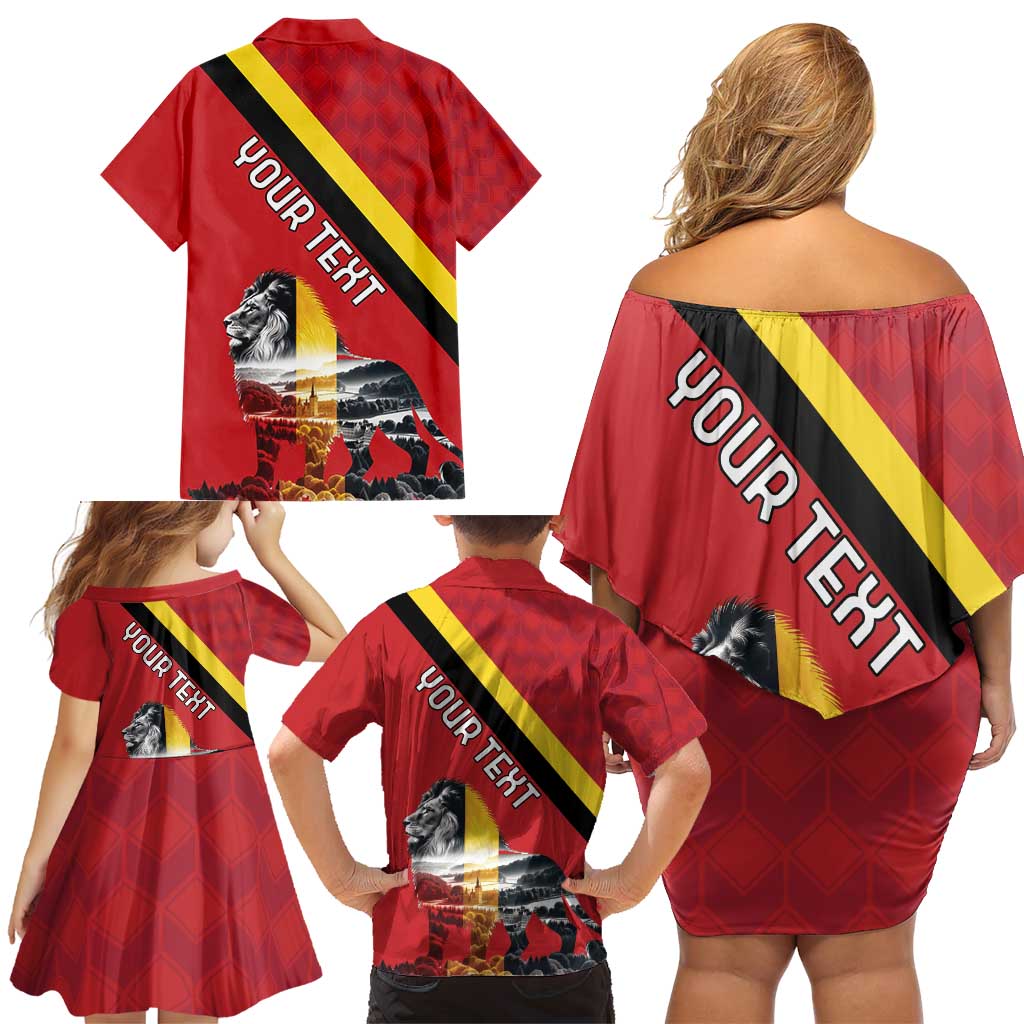 Personalized Belgium Family Matching Off Shoulder Short Dress and Hawaiian Shirt Lion Rampant With Belgium Flag Colors - Wonder Print Shop