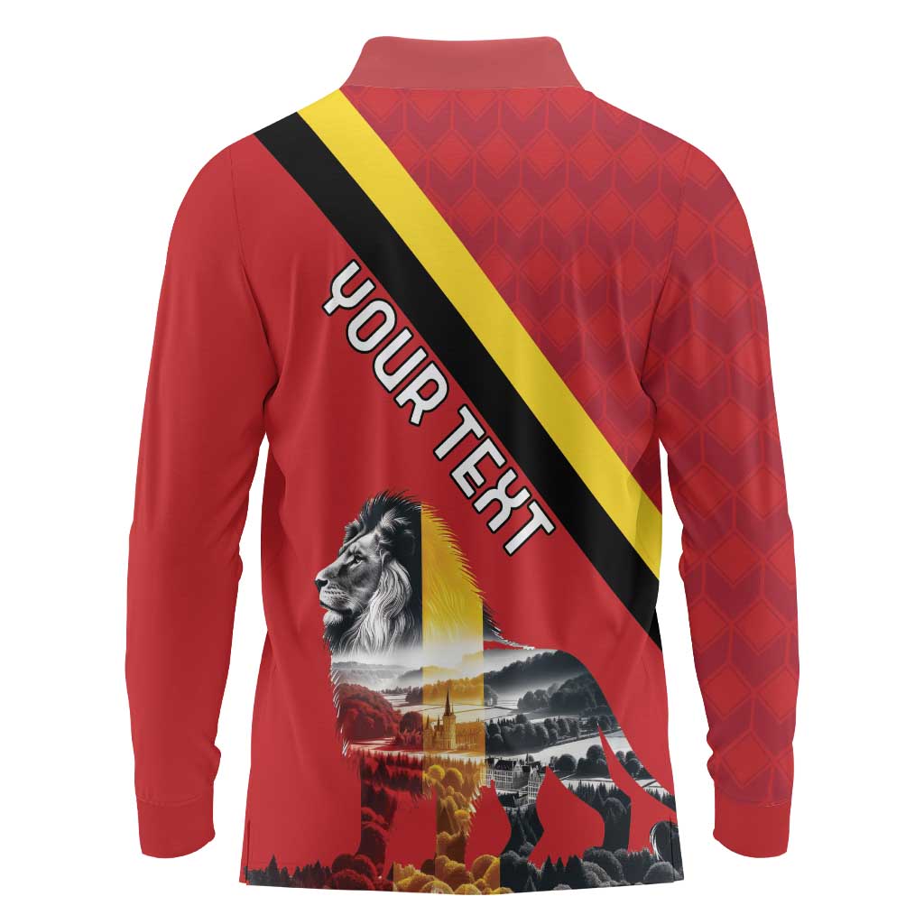 Personalized Belgium Long Sleeve Polo Shirt Lion Rampant With Belgium Flag Colors - Wonder Print Shop