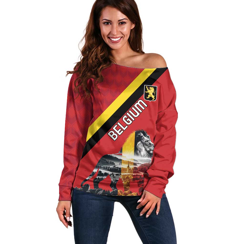 Personalized Belgium Off Shoulder Sweater Lion Rampant With Belgium Flag Colors - Wonder Print Shop