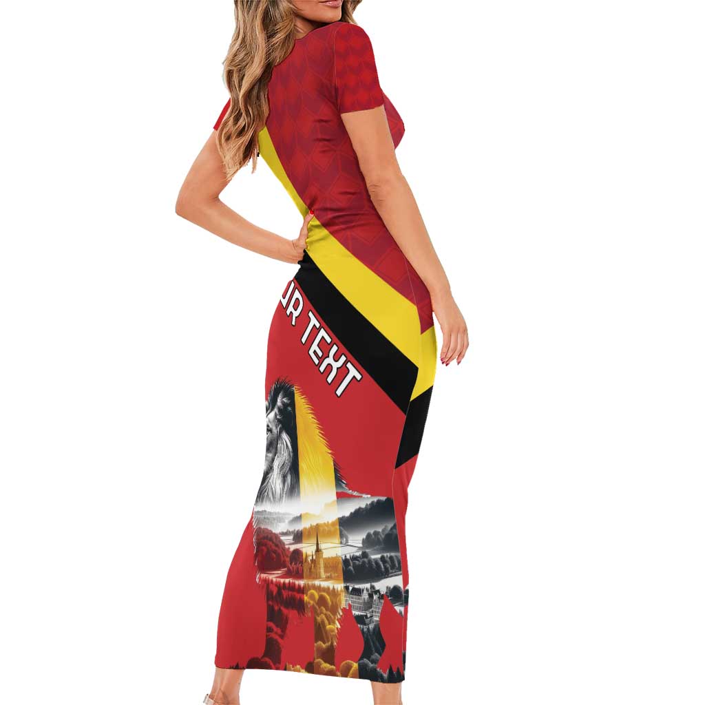 Personalized Belgium Short Sleeve Bodycon Dress Lion Rampant With Belgium Flag Colors - Wonder Print Shop