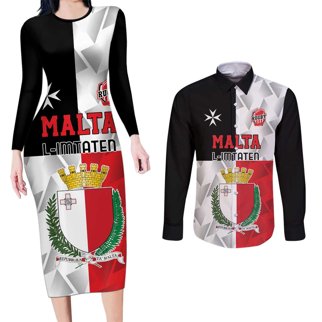 Custom Malta Rugby Couples Matching Long Sleeve Bodycon Dress and Long Sleeve Button Shirt L-imtaten Go Champions - Wonder Print Shop