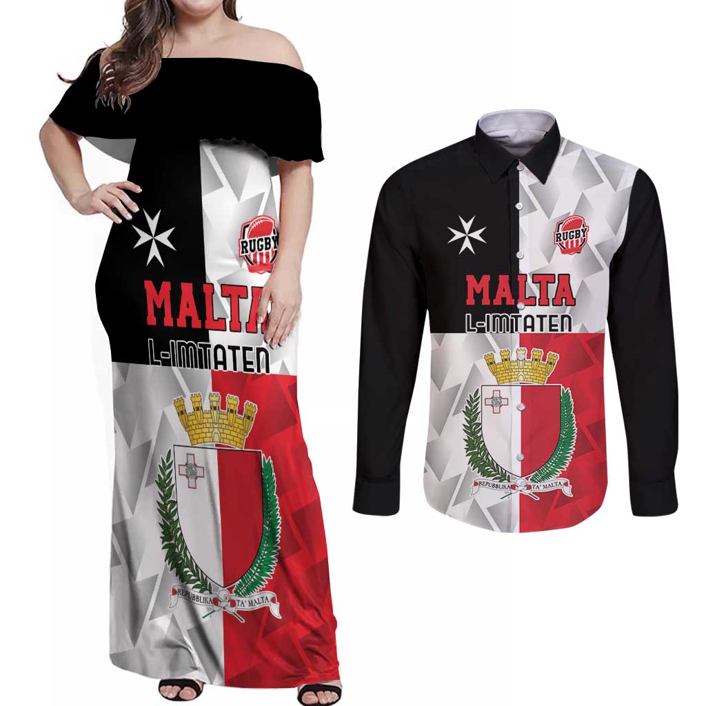 Custom Malta Rugby Couples Matching Off Shoulder Maxi Dress and Long Sleeve Button Shirt L-imtaten Go Champions - Wonder Print Shop