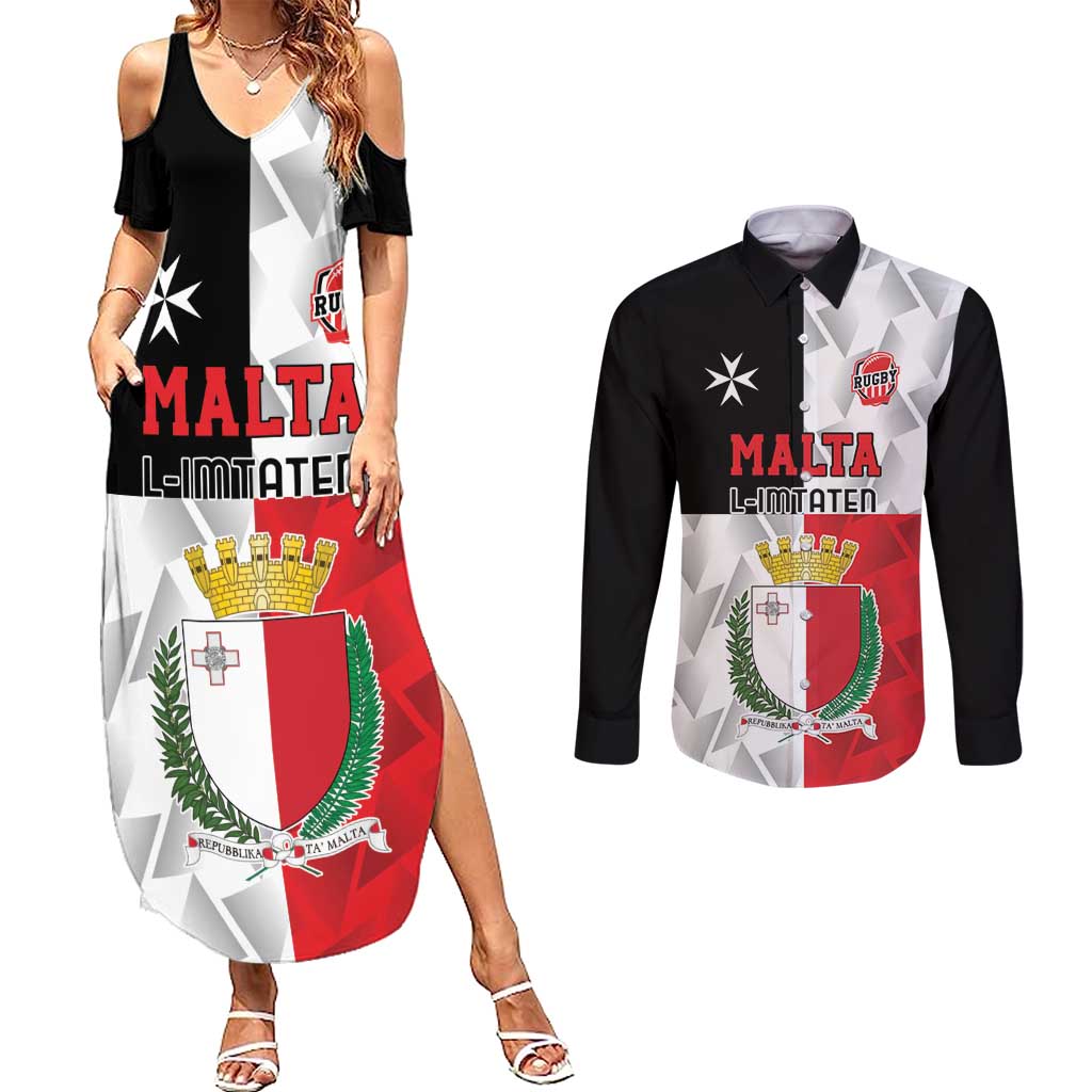Custom Malta Rugby Couples Matching Summer Maxi Dress and Long Sleeve Button Shirt L-imtaten Go Champions - Wonder Print Shop