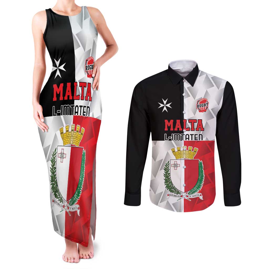 Custom Malta Rugby Couples Matching Tank Maxi Dress and Long Sleeve Button Shirt L-imtaten Go Champions - Wonder Print Shop