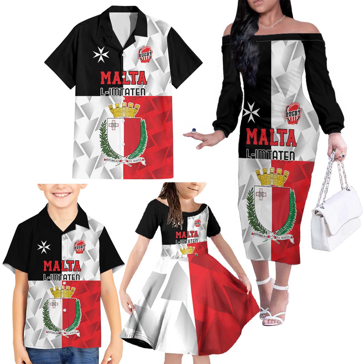 Custom Malta Rugby Family Matching Off The Shoulder Long Sleeve Dress and Hawaiian Shirt L-imtaten Go Champions - Wonder Print Shop
