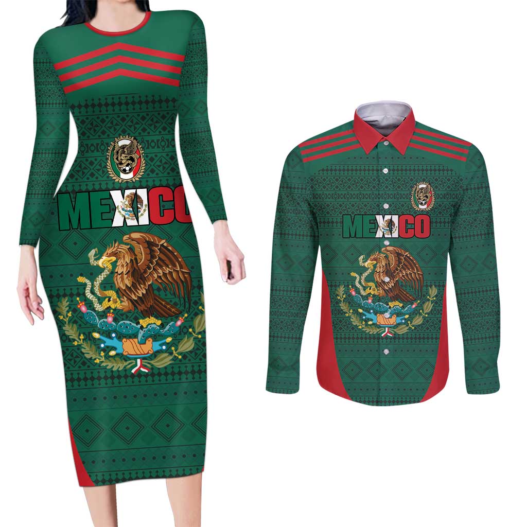 Custom Mexico Football Couples Matching Long Sleeve Bodycon Dress and Long Sleeve Button Shirt Aztec Eagle Spirit - Wonder Print Shop