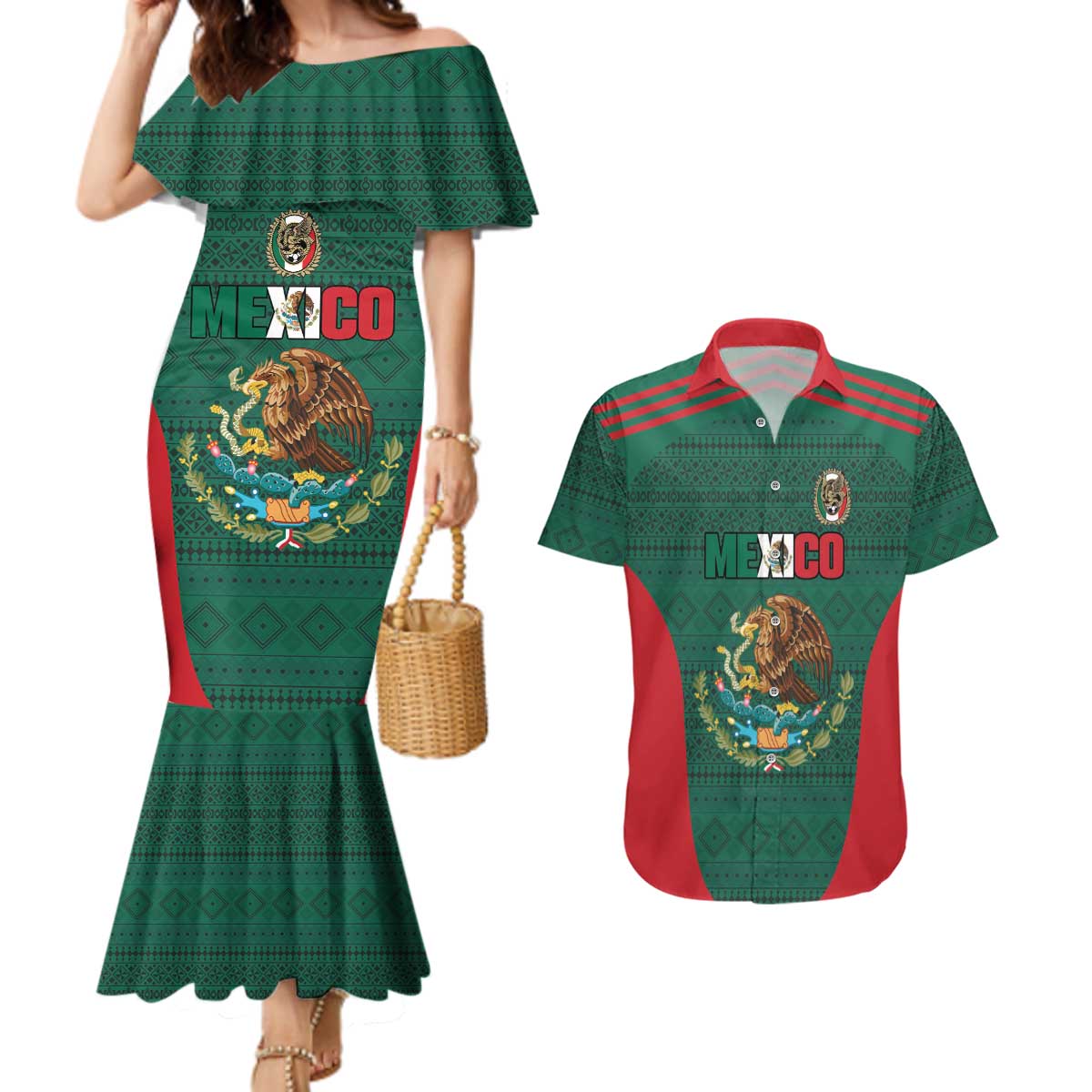 Custom Mexico Football Couples Matching Mermaid Dress and Hawaiian Shirt Aztec Eagle Spirit - Wonder Print Shop
