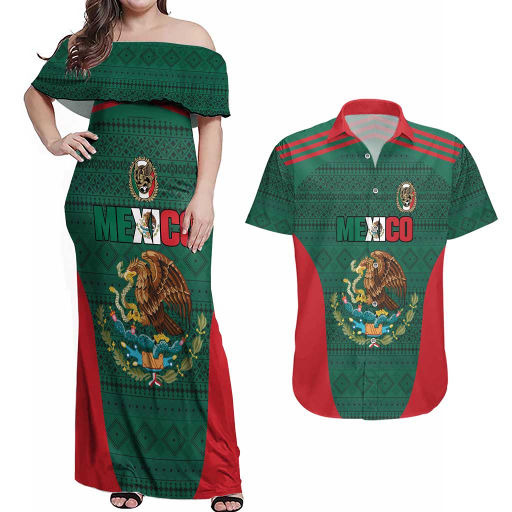 Custom Mexico Football Couples Matching Off Shoulder Maxi Dress and Hawaiian Shirt Aztec Eagle Spirit - Wonder Print Shop