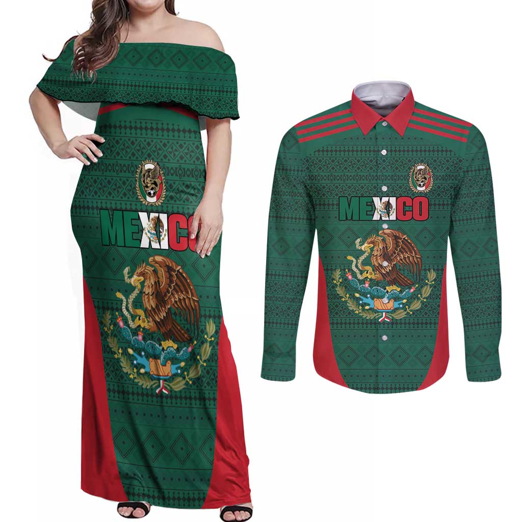 Custom Mexico Football Couples Matching Off Shoulder Maxi Dress and Long Sleeve Button Shirt Aztec Eagle Spirit - Wonder Print Shop