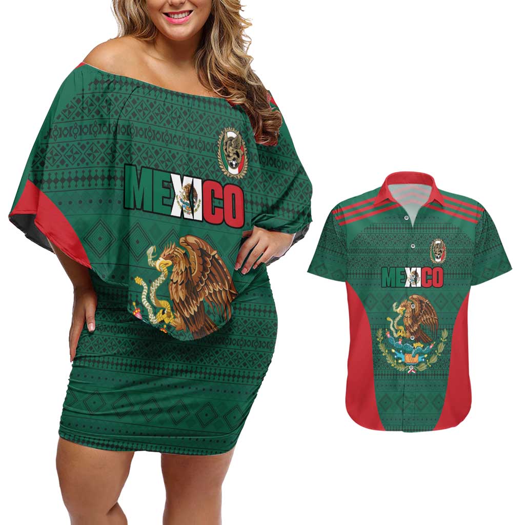 Custom Mexico Football Couples Matching Off Shoulder Short Dress and Hawaiian Shirt Aztec Eagle Spirit - Wonder Print Shop