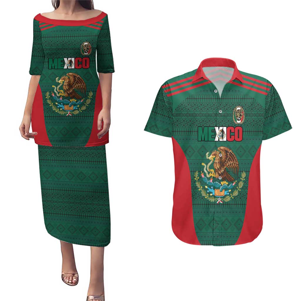 Custom Mexico Football Couples Matching Puletasi and Hawaiian Shirt Aztec Eagle Spirit - Wonder Print Shop