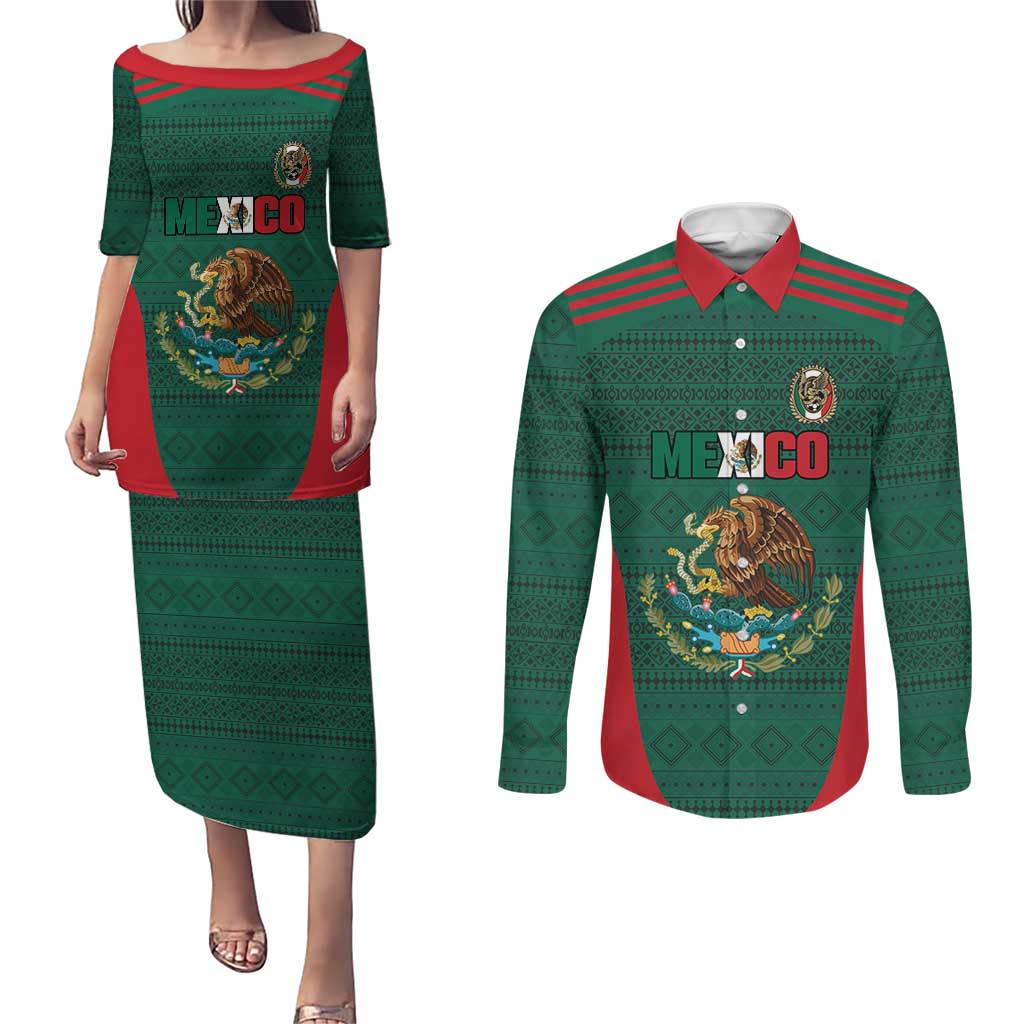 Custom Mexico Football Couples Matching Puletasi and Long Sleeve Button Shirt Aztec Eagle Spirit - Wonder Print Shop