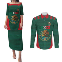 Custom Mexico Football Couples Matching Puletasi and Long Sleeve Button Shirt Aztec Eagle Spirit - Wonder Print Shop