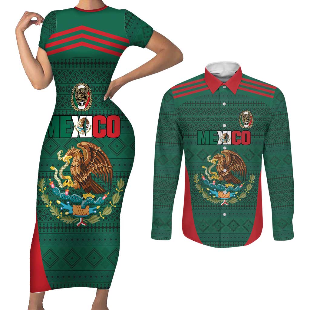 Custom Mexico Football Couples Matching Short Sleeve Bodycon Dress and Long Sleeve Button Shirt Aztec Eagle Spirit - Wonder Print Shop