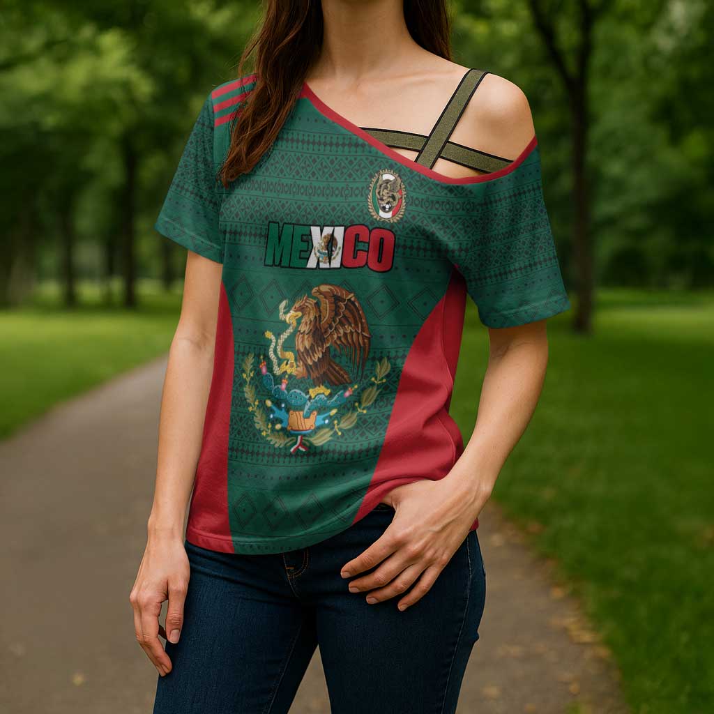 Custom Mexico Football Cross Shoulder Shirt Aztec Eagle Spirit - Wonder Print Shop