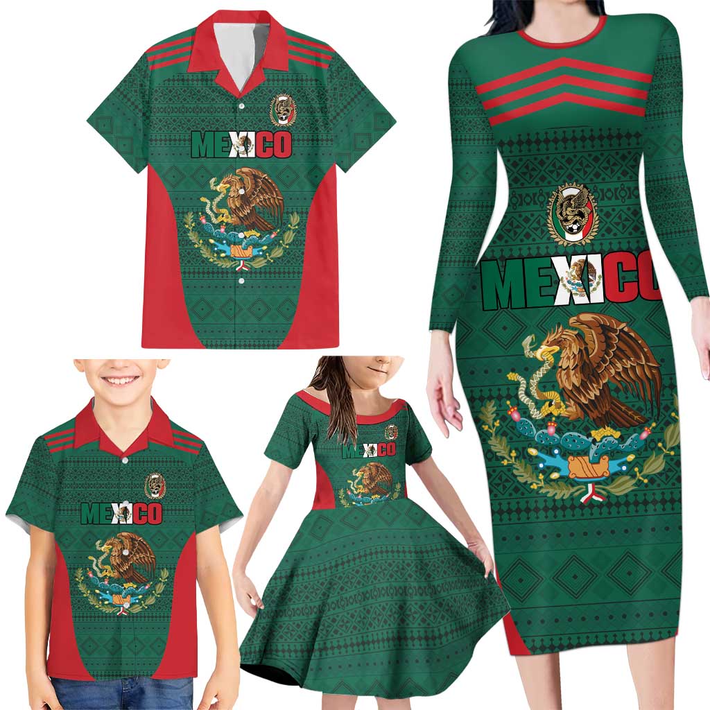 Custom Mexico Football Family Matching Long Sleeve Bodycon Dress and Hawaiian Shirt Aztec Eagle Spirit - Wonder Print Shop