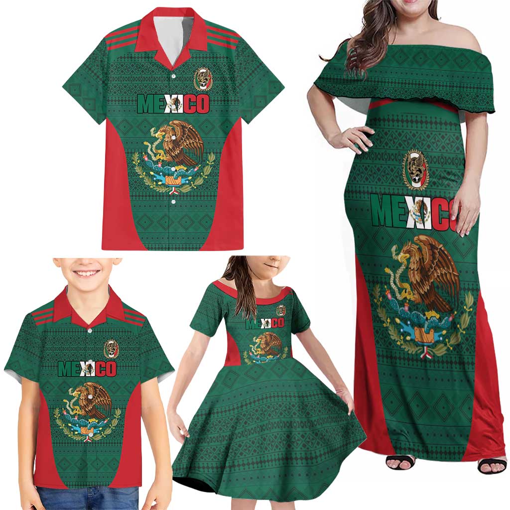 Custom Mexico Football Family Matching Off Shoulder Maxi Dress and Hawaiian Shirt Aztec Eagle Spirit - Wonder Print Shop