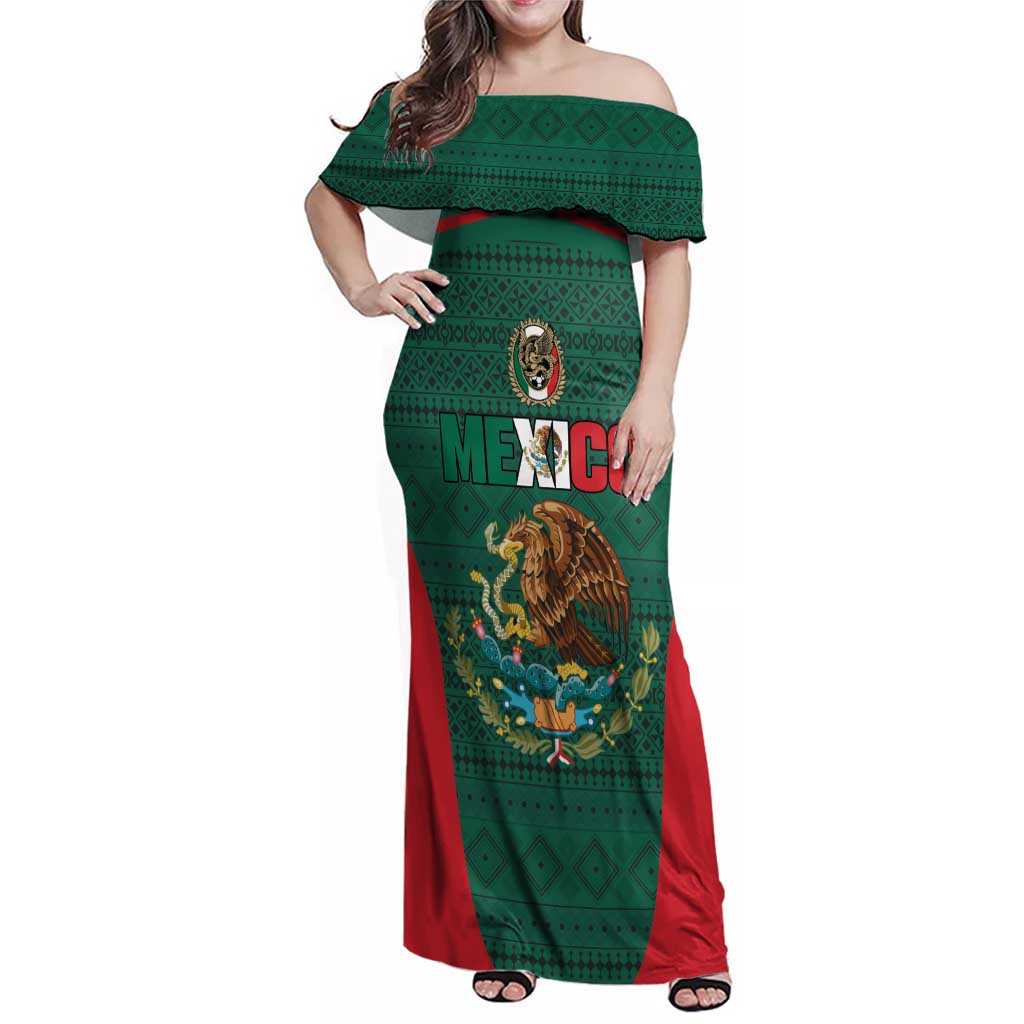 Custom Mexico Football Family Matching Off Shoulder Maxi Dress and Hawaiian Shirt Aztec Eagle Spirit - Wonder Print Shop