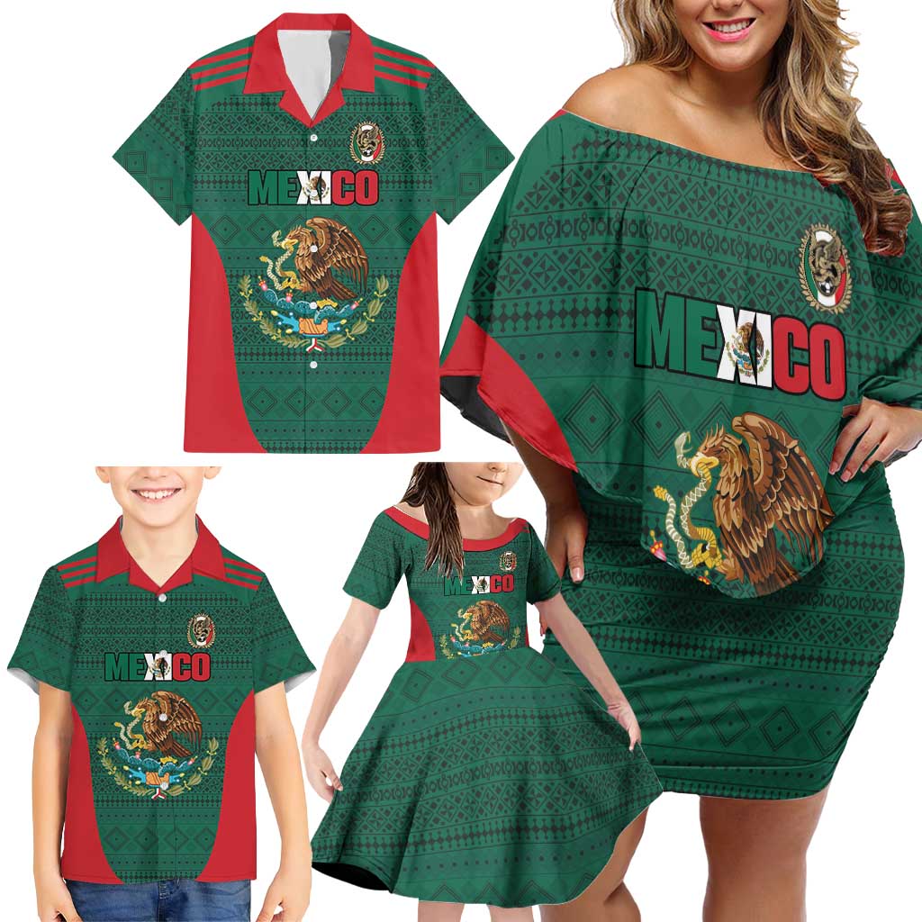 Custom Mexico Football Family Matching Off Shoulder Short Dress and Hawaiian Shirt Aztec Eagle Spirit - Wonder Print Shop