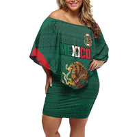 Custom Mexico Football Family Matching Off Shoulder Short Dress and Hawaiian Shirt Aztec Eagle Spirit - Wonder Print Shop