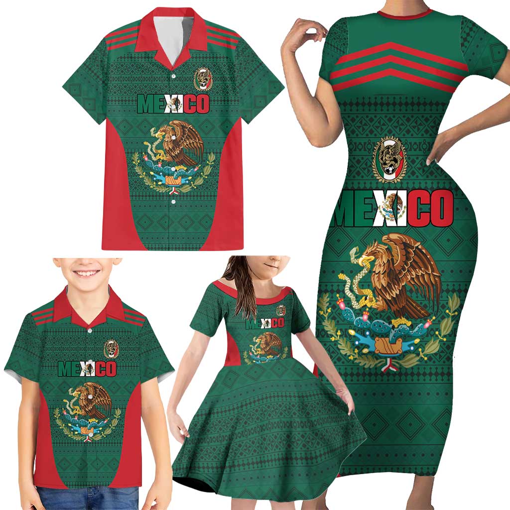 Custom Mexico Football Family Matching Short Sleeve Bodycon Dress and Hawaiian Shirt Aztec Eagle Spirit - Wonder Print Shop