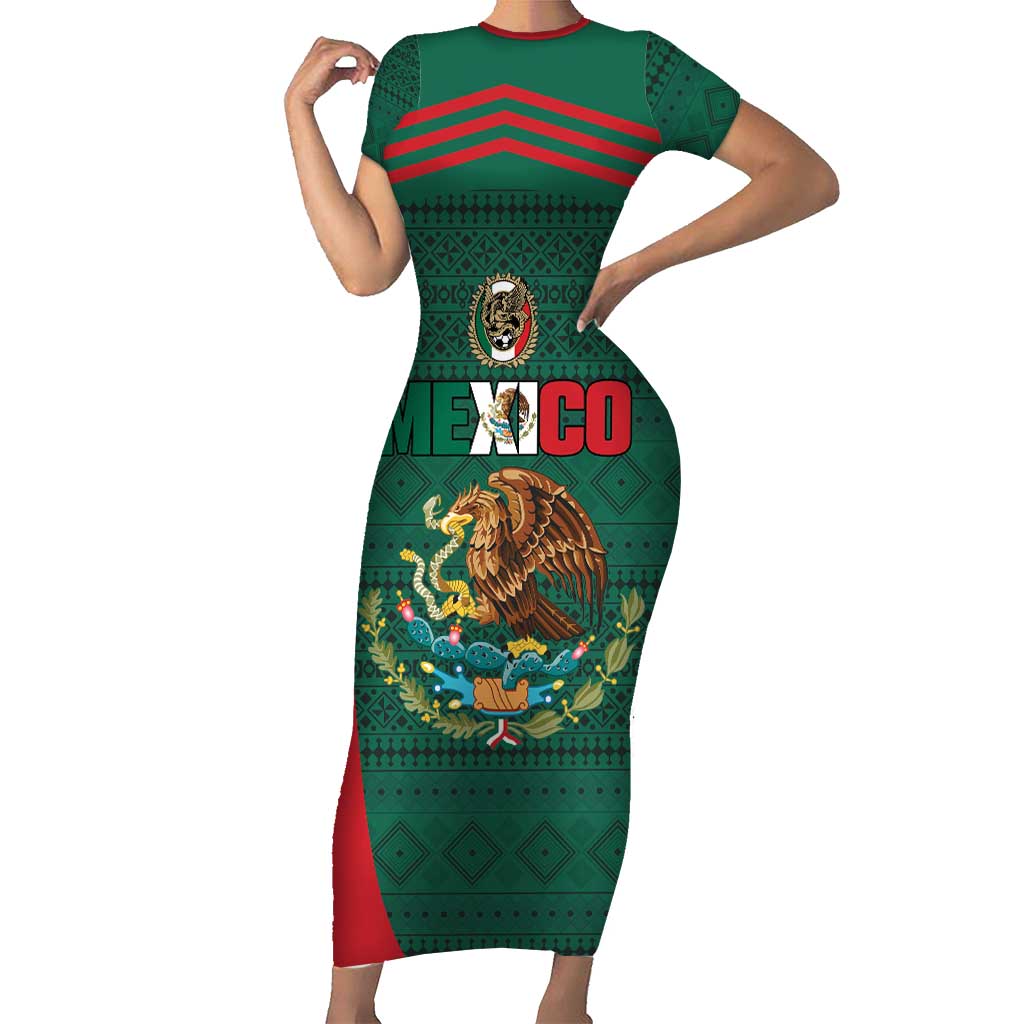 Custom Mexico Football Family Matching Short Sleeve Bodycon Dress and Hawaiian Shirt Aztec Eagle Spirit - Wonder Print Shop