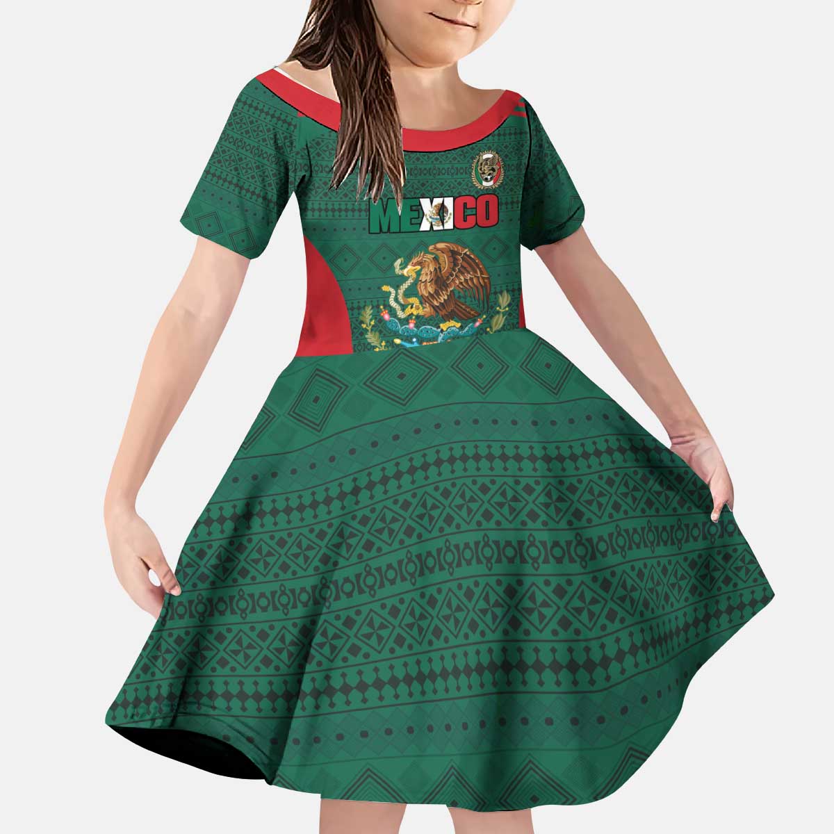 Custom Mexico Football Kid Short Sleeve Dress Aztec Eagle Spirit - Wonder Print Shop