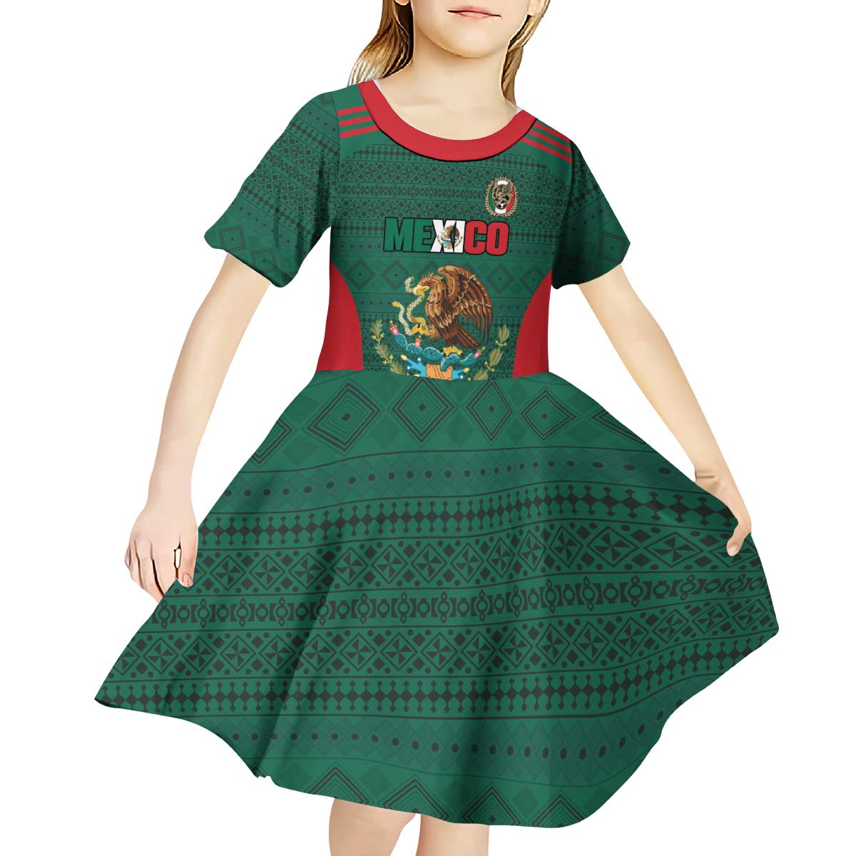 Custom Mexico Football Kid Short Sleeve Dress Aztec Eagle Spirit - Wonder Print Shop