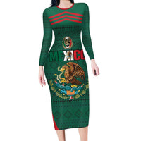 Custom Mexico Football Long Sleeve Bodycon Dress Aztec Eagle Spirit - Wonder Print Shop