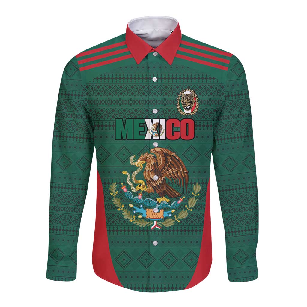 Custom Mexico Football Long Sleeve Button Shirt Aztec Eagle Spirit - Wonder Print Shop
