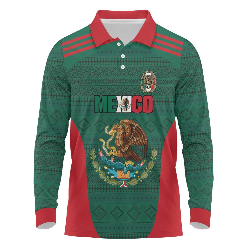 Custom Mexico Football Long Sleeve Polo Shirt Aztec Eagle Spirit - Wonder Print Shop