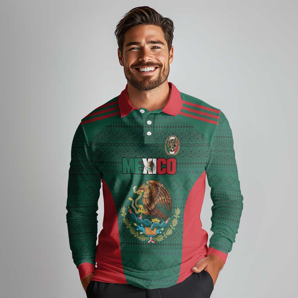 Custom Mexico Football Long Sleeve Polo Shirt Aztec Eagle Spirit - Wonder Print Shop