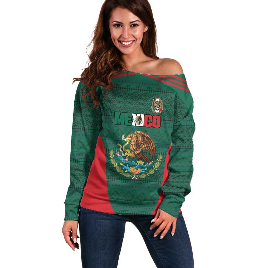Custom Mexico Football Off Shoulder Sweater Aztec Eagle Spirit - Wonder Print Shop