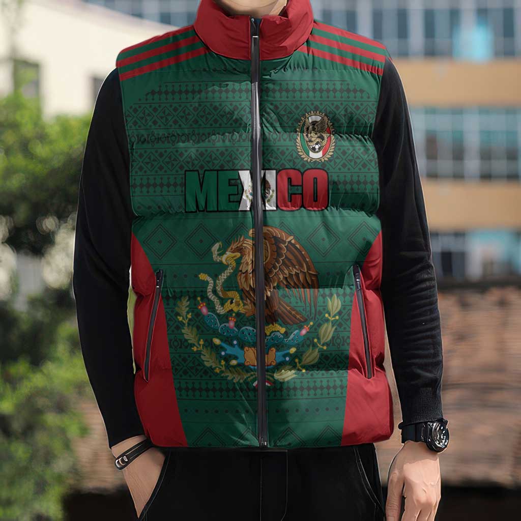 Custom Mexico Football Sleeveless Puffer Jacket Aztec Eagle Spirit - Wonder Print Shop