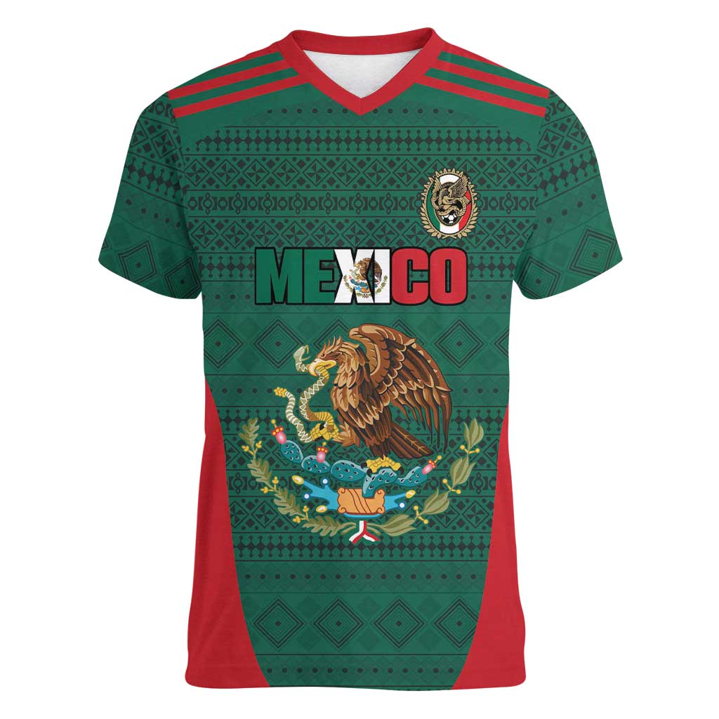 Custom Mexico Football Women V-Neck T-Shirt Aztec Eagle Spirit - Wonder Print Shop